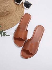 女士新款时尚露趾镂空一脚蹬拖鞋，舒适家居拖鞋 - 棕色 - 查看 3