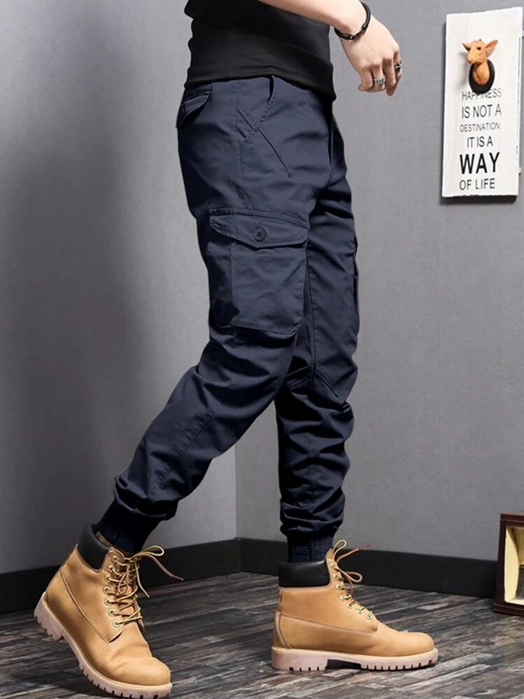 Manfinity Homme Pantalones cargo jogger de unicolor casual para hombre, otoño - Azul Marino - Añade 7