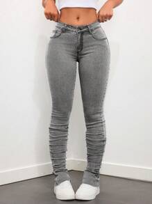 SHEIN ICON Women's Low-Rise Distressed Flared Jeans With Washed Effect - Light Grey - View 6