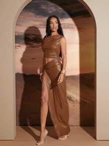 SHEIN Unity Asymmetric Twist Off Shoulder Cutout High Slit Sexy Dress - Brown - View 7
