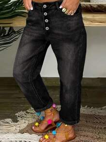 Quần jean rộng thùng thình kiểu dáng cổ điển dành cho nữ - màu đen - Xem 1