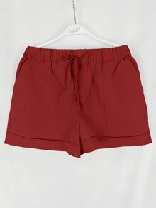 Women's Casual Solid Color Drawstring Waist Shorts, Vacation - Burgundy - View 4