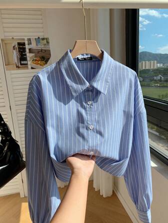 Comfortcana Chemise ample à rayures bleu mode pour femmes, à manches courtes et longues, hauts à manches longues