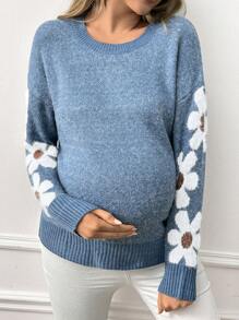SHEIN Maternity Floral Print Crew Neck Long Sleeve Casual Sweater, For Winter - Dusty Blue - View 5