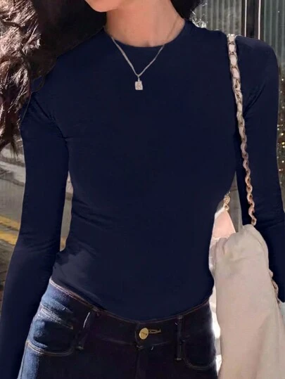 INAWLY Camiseta de manga larga ajustada de cuello redondo de unicolor para mujer