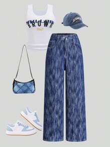 SHEIN Jeans de pierna recta y cintura alta con diseño suelto y elegante para adolescentes, línea de cintura asimétrica, jeans de pierna ancha en jacquard azul claro - Lavado ligero - Ver 1