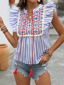 Breezaya Casual Striped Embroidery Tassel Rope And Lace Hem Patchwork Ruffle Cap Sleeve Shirt - Multicolor - View 3