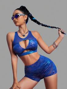 Innovista Animal Faux Leather Print Mesh Cut Out Push Up Sports Bra,  Workout Outfits, Gym Tops, Sexy Crop Top Tank,Foil Print Tops,Music Festival,Going Out Tops,Party