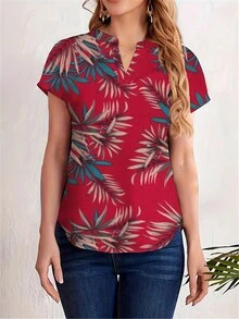 女士热带植物印花 V 领蝙蝠袖衬衫、度假装 - 紅色 - 查看 1