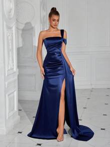 ADYCE 女士优雅单肩褶裥腰身长款缎带前开衩露背曳地派对礼服，适合舞会、生日派对、晚宴、约会、返校节派对、婚礼宾客、正式晚宴、家庭聚会等场合。 - 藏蓝色 - 查看 3