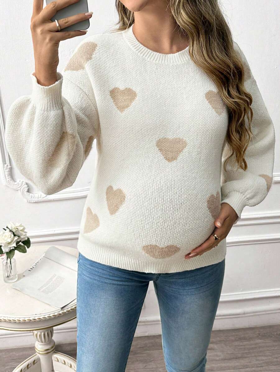 SHEIN Áo len chui đầu cổ tròn dài tay họa tiết trái tim cho bà bầu, mặc khi mang thai, mặc vào mùa đông - trắng - Xem 1