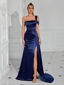 ADYCE 女士优雅单肩褶裥腰身长款缎带前开衩露背曳地派对礼服，适合舞会、生日派对、晚宴、约会、返校节派对、婚礼宾客、正式晚宴、家庭聚会等场合。 - 藏蓝色 - 查看 1