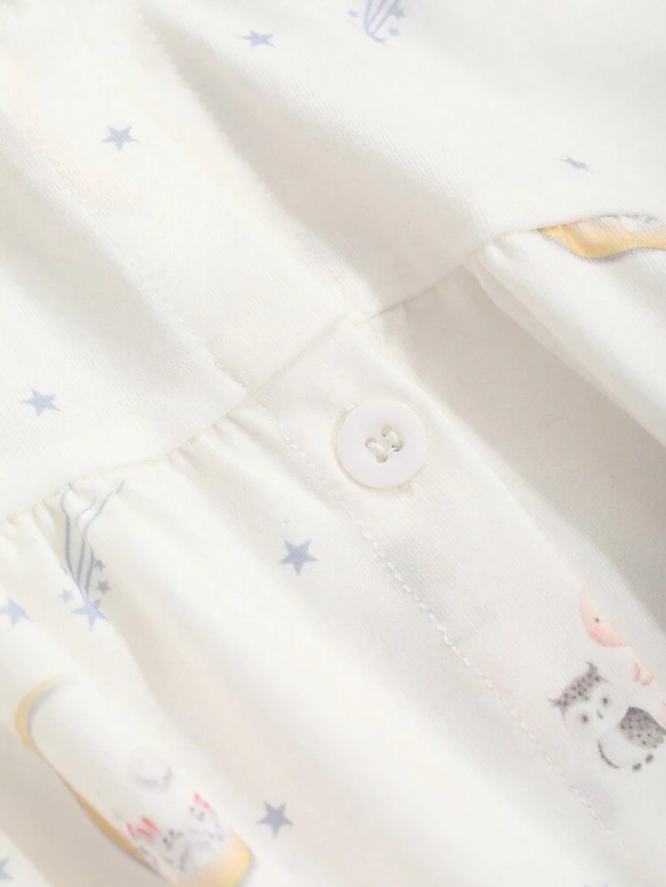 Cute Cartoon Print Loose Round Neck Sleep Dress, Fall, Winter, Moo Moo Night Dress