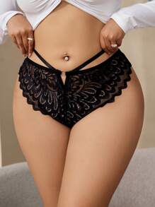 Plus Size Solid Color Hollow Out Sexy Lace Panty Lingerie - Black - View 3