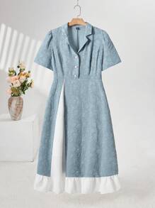 Seusyu Vestido largo de burbuja elegante de estilo árabe de talla grande para mujeres con tejido jacquard, cuello de contraste y manga corta abullonada para verano - Multicolor - Ver 1