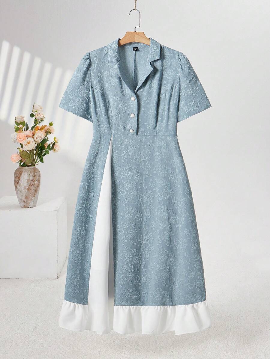 Seusyu Plus Size Women's Elegant Arab Style Jacquard Contrast Collar Short Puff Sleeve Long Bubble Dress For Summer - Multicolor - View 1
