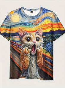 Manfinity Homme Men Round Neck Short Sleeve Funny Cat Print Casual Top, Graphic Tee, For Going Out - Multicolor - View 1