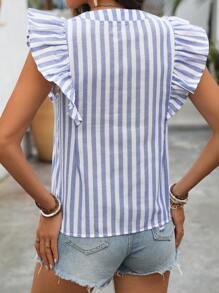 Breezaya Casual Striped Embroidery Tassel Rope And Lace Hem Patchwork Ruffle Cap Sleeve Shirt - Multicolor - View 2