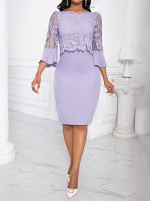Lyxana 女士优雅简约通勤纯色蕾丝撞色喇叭袖修身连衣裙，夏季 - 紫色 - 查看 6