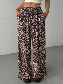 SHEIN EZwear Women Leopard Print Woven Wide Leg Pants