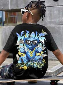 SHEIN Leap Crew Tween Boys' Casual Minimalist Cartoon Bear Graphic Short Sleeve Crew Neck T-Shirt, Cotton Blended, Suitable For Summer - Black - View 1