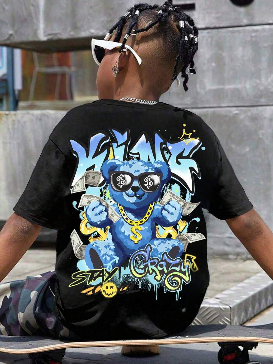SHEIN Leap Crew Tween Boys' Casual Minimalist Cartoon Bear Graphic Short Sleeve Crew Neck T-Shirt, Cotton Blended, Suitable For Summer - Black - View 1