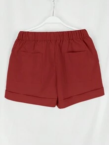Women's Casual Solid Color Drawstring Waist Shorts, Vacation - Burgundy - View 3
