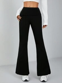 SHEIN PETITE Women Solid Flare Skinny Pants Fold Over Leggings Stretch Bootcut Flared Yoga Pants Y2k Joggers - Black - View 5