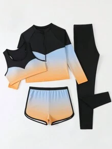 4 件套 Tween 女童渐变色拼色泳衣套装 - 彩色 - 查看 4