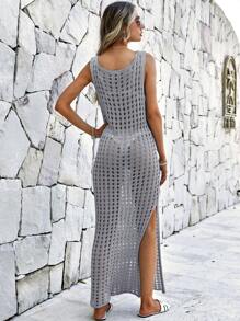 EURMUSE Hollow Out Split Thigh Cover Up Dress Without Bikini Set - Blue - View 2