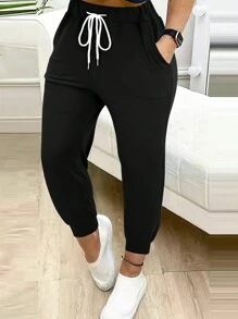 Quần jogger nữ cỡ lớn màu trơn có dây rút ở eo, màu đen, kiểu dáng thường ngày, thích hợp cho mùa xuân. - màu đen - Xem 2