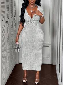 SOLERSUN Thiết kế ve áo xoắn, vải có họa tiết trang nhã để đi lại thông thường, tạo dáng gợi cảm - Xám - Xem 3