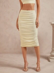 L'Amorae 女士纯色褶皱修身优雅铅笔裙