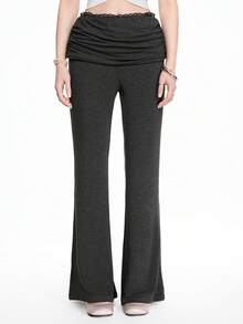 ROMWE Kawaii Calça feminina skinny flare vintage Y2K de cintura baixa com detalhes em renda e franzidos, peça versátil para usar em casa. - Cinza escuro - Ver 5