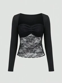 SHEIN Unity Women Lace Patchwork Solid Sweetheart Neck Long Sleeve Top (Random Cut) - Black - View 1