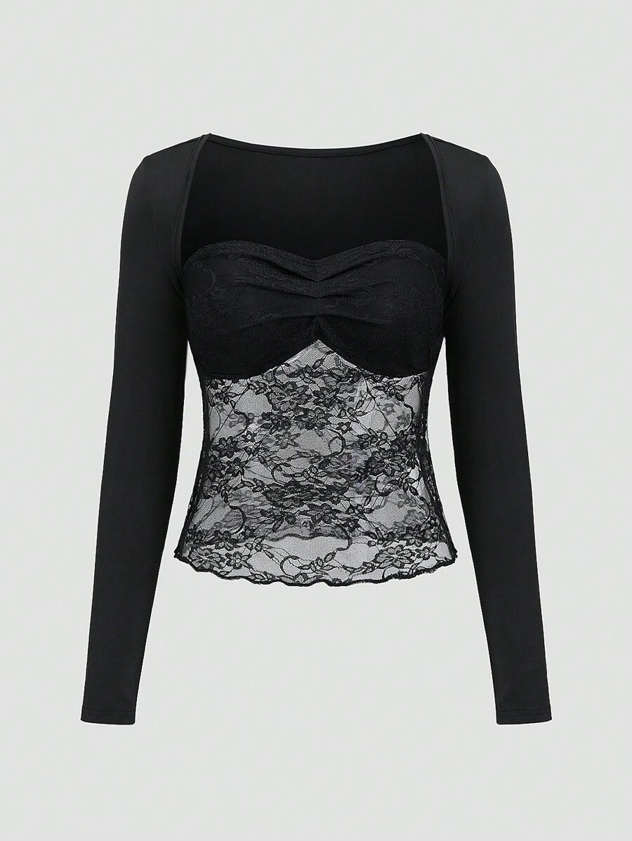 SHEIN Unity Women Lace Patchwork Solid Sweetheart Neck Long Sleeve Top (Random Cut) - Black - View 1