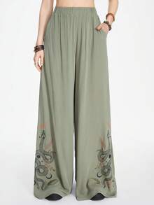 ROMWE Hippie Pantalones de pierna ancha con estampado de piel de serpiente y floral en estilo gótico para mujer en verano - Verde - Ver 1