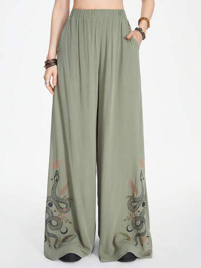 ROMWE Hippie Damen weite Hose im Gothic-Stil mit Schlangenhaut- und Blumenmuster für den Sommer