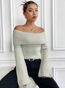 Flirla 1pc Solid Color Casual Off Shoulder Long Sleeve Sweater, Knit Pullover Fall Winter - Grey - View 7