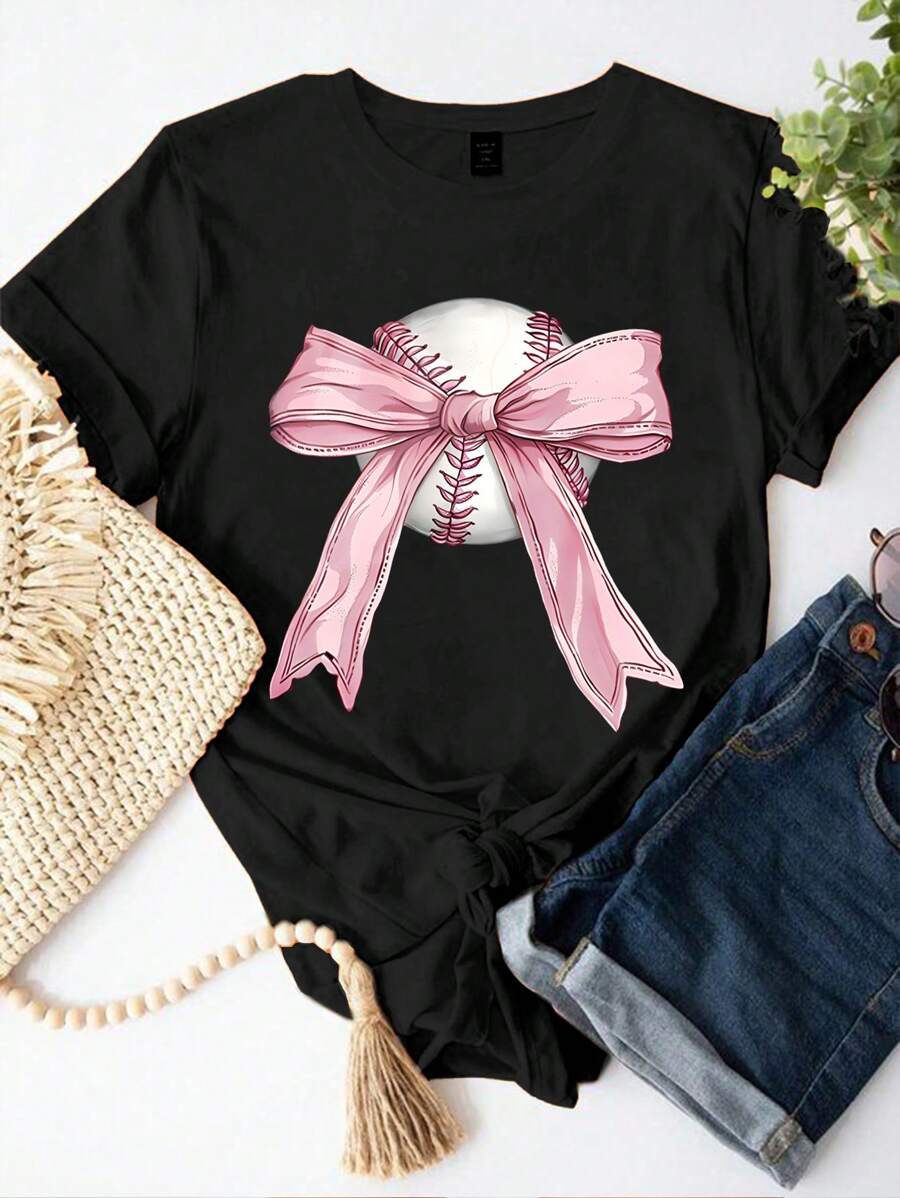 Calvaya Plus Size Crew Neck Butterfly Print Loose & Comfortable Short Sleeve T-Shirt - Black - View 1
