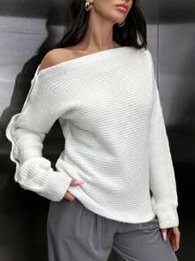 EURMUSE Women Gold Button Detailed Drop Shoulder Elegant Sweater - Cream - View 2