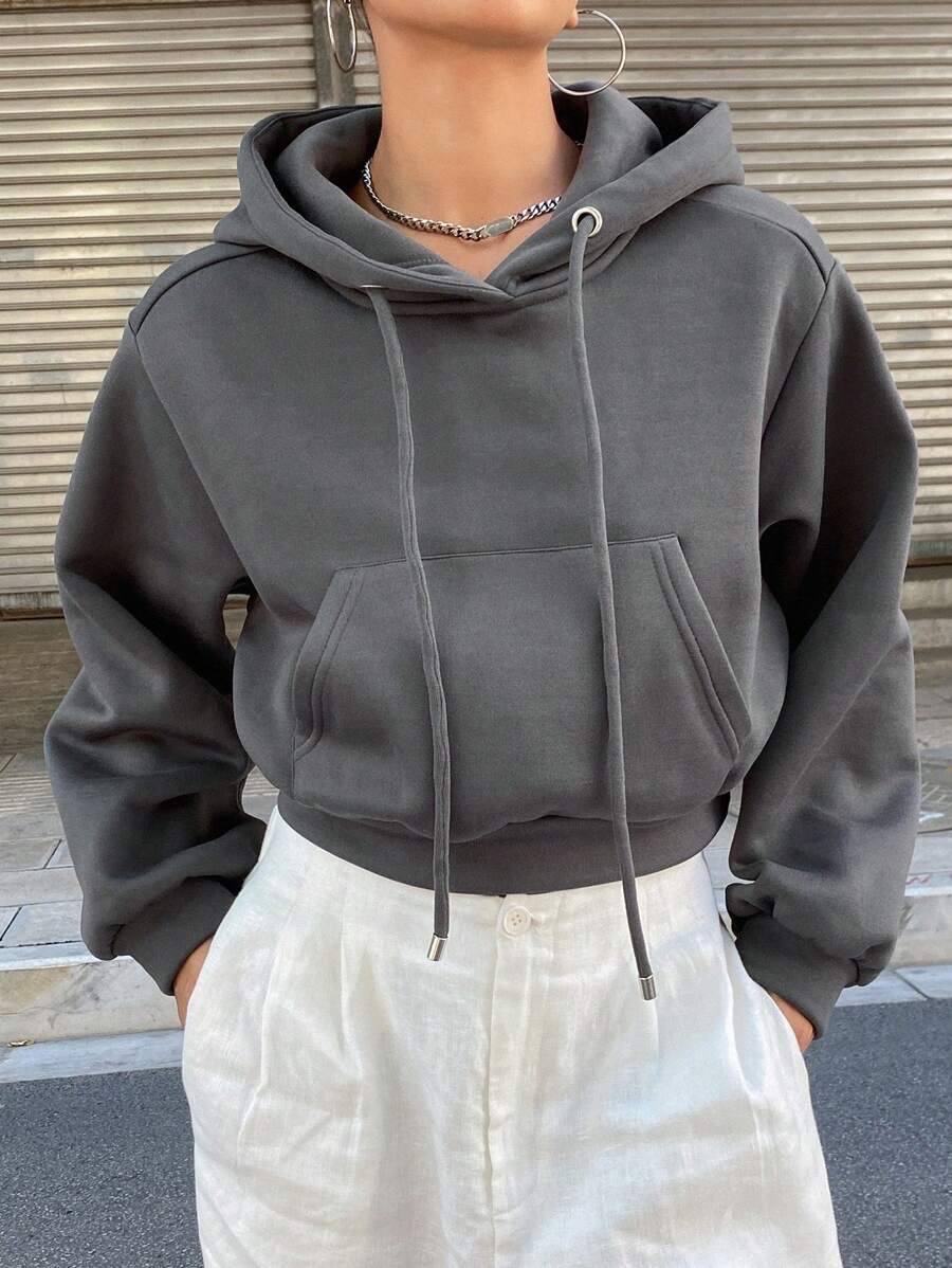 DAZY Women's Solid Color Cropped Hoodie,Long Sleeve Tops,Fall Clothes Sweatshirt - Dark Grey - View 1