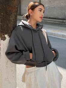 DAZY Women's Solid Color Cropped Hoodie,Long Sleeve Tops,Fall Clothes Sweatshirt - Dark Grey - View 3