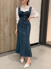 DAZY 女式开学季牛仔背带鱼尾下摆连衣裙，秋季服装 - 藍色 - 查看 7