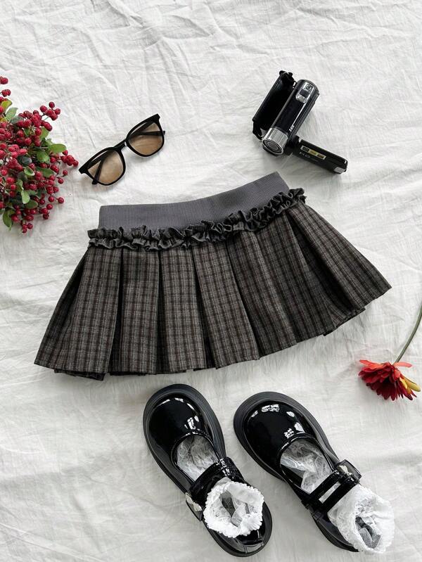 Soleia Vacation Women's Casual Retro Plaid Elastic Waist Short A-Line Pleated Skirt, Bow Decoration And Underwear