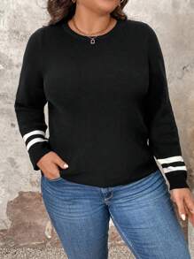 Plus Size Crew Neck Long Sleeve Striped Fitted Chic Knit Sweater Knit Pullover Fall Winter - Black - View 4