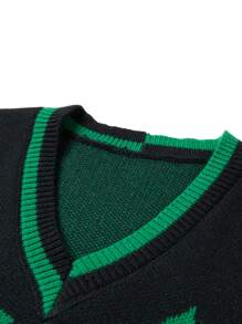 Manfinity Hypemode Men's Loose Fit V-Neck Star Letter Pattern Knit Sweater Vest - Black - View 6