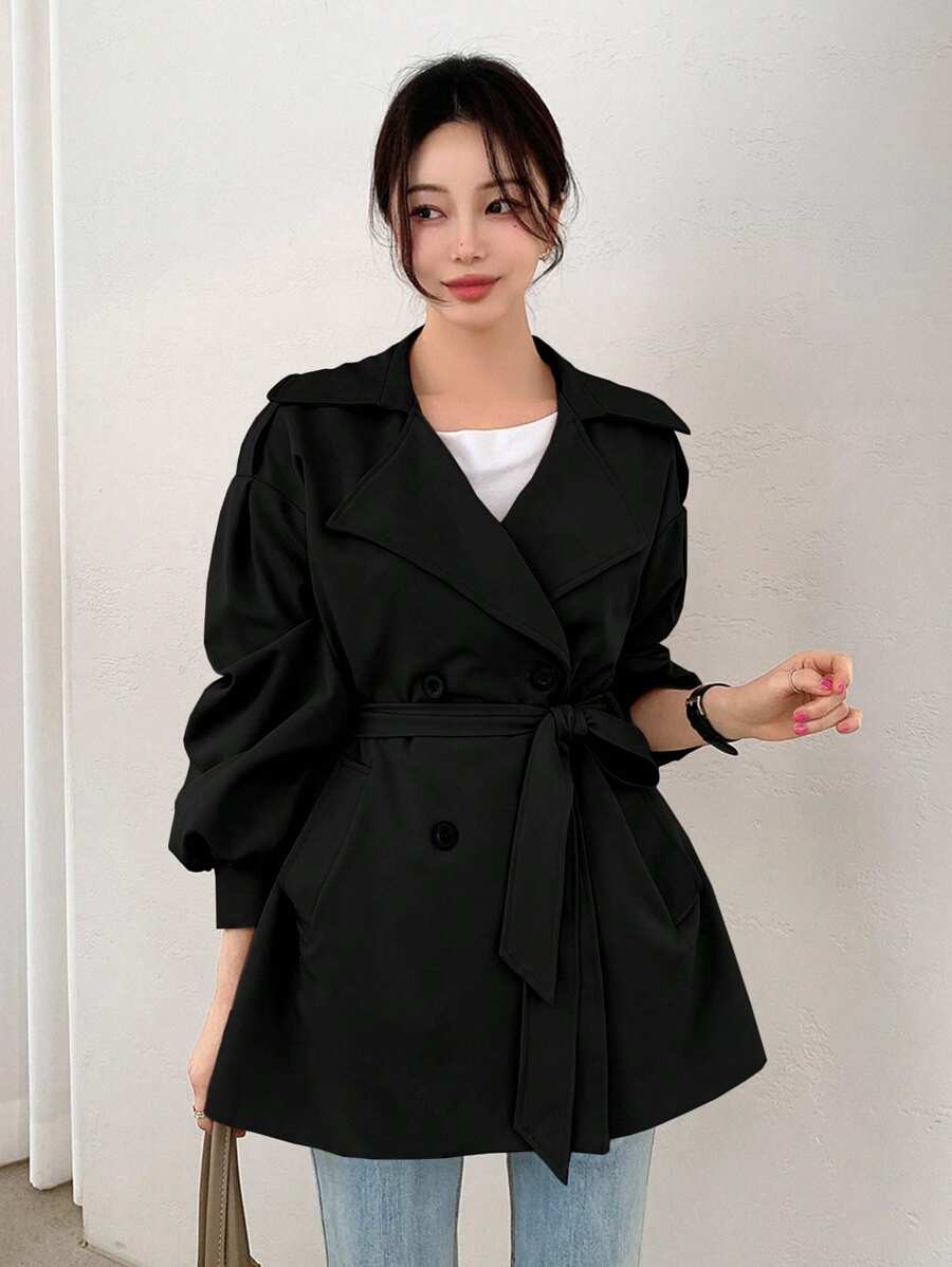 DAZY 女士休闲纯色双排扣风衣，春秋季，返校服装女夹克，秋季女装 - 黑色 - 查看 1