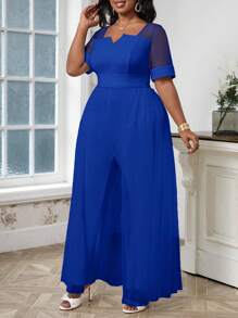 SHEIN Lady Plus Size Solid Color Mesh Contrast Hollow Out Waisted Wide Leg Elegant Long Graduation White Jumpsuit For Tall Women