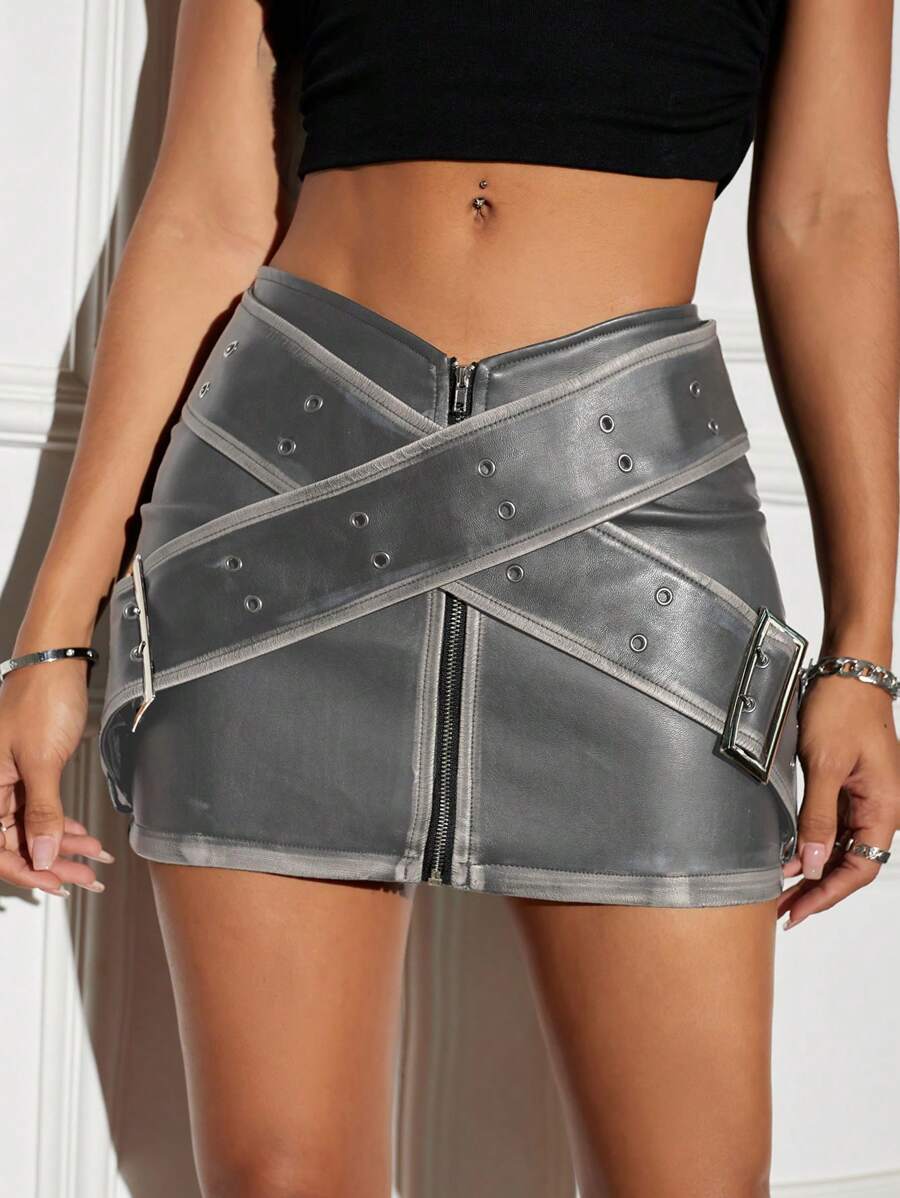 Aveloria Affinna 女士前拉链宽带交叉 PU 迷你裙，休闲度假 - 灰色 - 查看 1